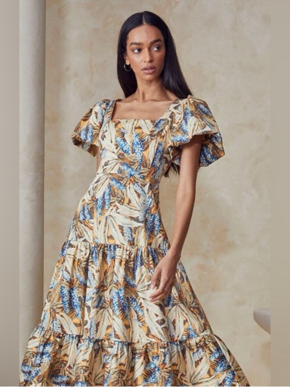 Hunter Bell Dress Cassidy Midi Puff Sleeve in Harvest Blue Pale Yellow Floral - Picture 6 of 9